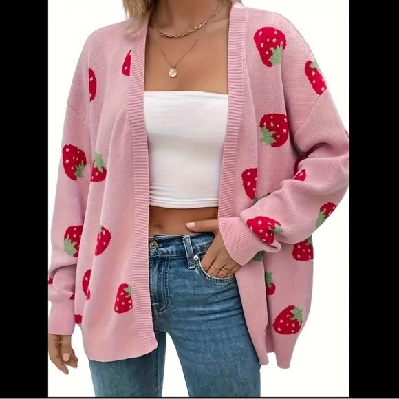 Women’s Pink Strawberry Cardigan Sweater - Picture 7 of 10